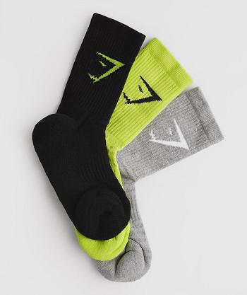 Men's Gymshark Crew 3pk Socks Black / Light Grey / Green | NZ_3795DFM