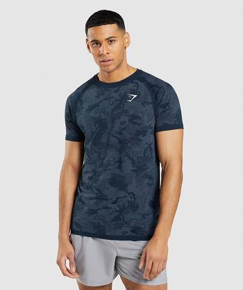 Men's Gymshark Geo Seamless T Shirts Navy / Blue | NZ_3173ZUT