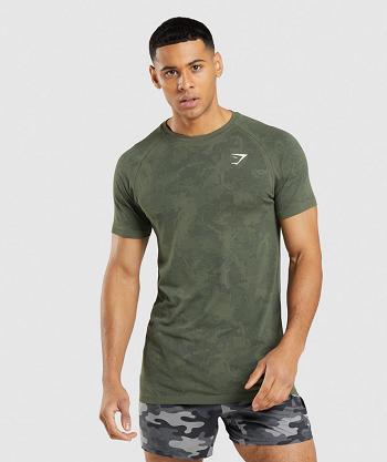 Men's Gymshark Geo Seamless T Shirts Olive / Black | NZ_3279WNB