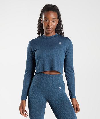 Women's Gymshark Adapt Animal Seamless Long Sleeve Navy | NZ_4275NWY