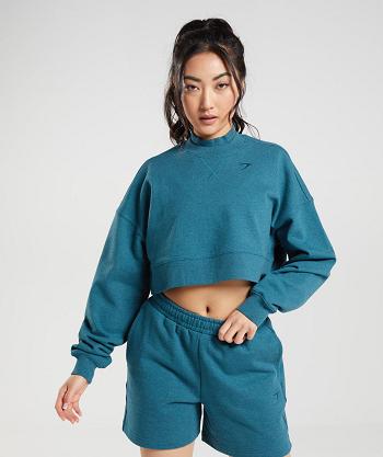 Women's Gymshark Rest Day Sweats Cropped Pullover Accessories Grey Blue | NZ_4529LIS