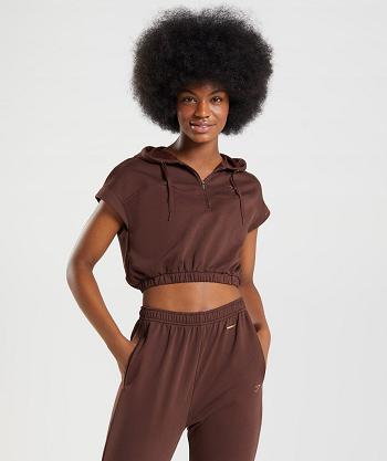 Women's Gymshark Whitney Cropped Sleeveless Hoodie Brown | NZ_4296LIS